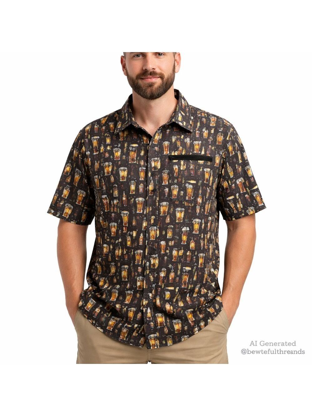 Projek Raw 3XL Black Beer Print Short Sleeve Button-Up Shirt